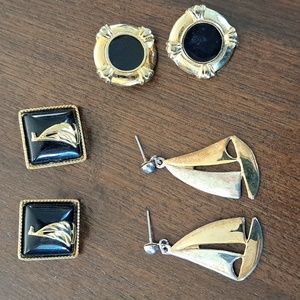3 Sets of Vintage Classic Earrings, 1 Clip, 2 pierced, Goldtone Black Enamel